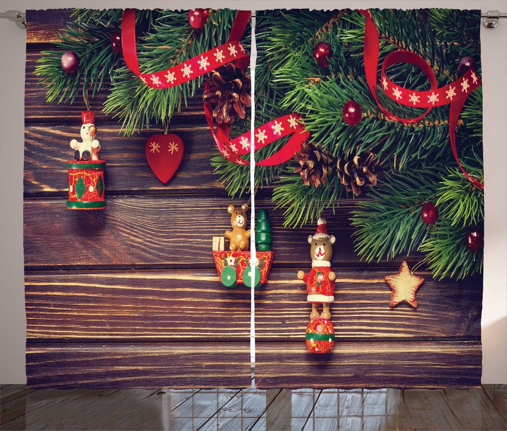 ABAKUHAUS Weihnachten Rustikaler Vorhang, Vintage Spielzeug Holz, Wohnzimmer Universalband Gardinen mit Schlaufen und Haken, 280 x 245 cm, Grün un...