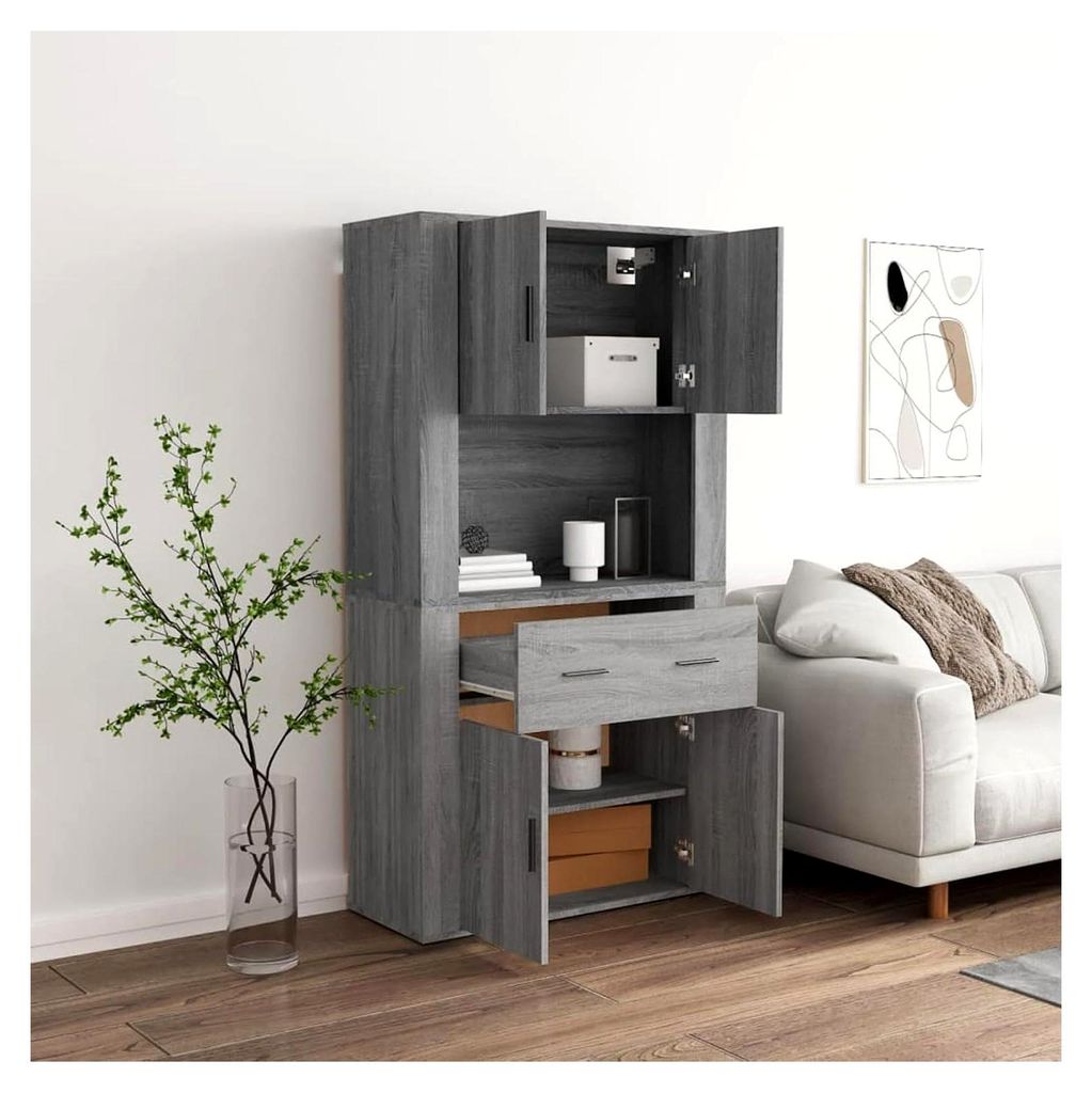 Highboard aus Holzwerkstoff in Sonoma Grau, 80x33x70 cm, Wandmontage, viel Stauraum