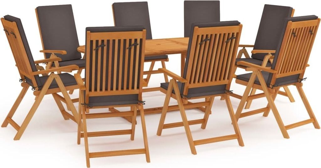 9-tlg. Garten-Essgruppe mit Kissen Massivholz Teak Grau Produktbild 