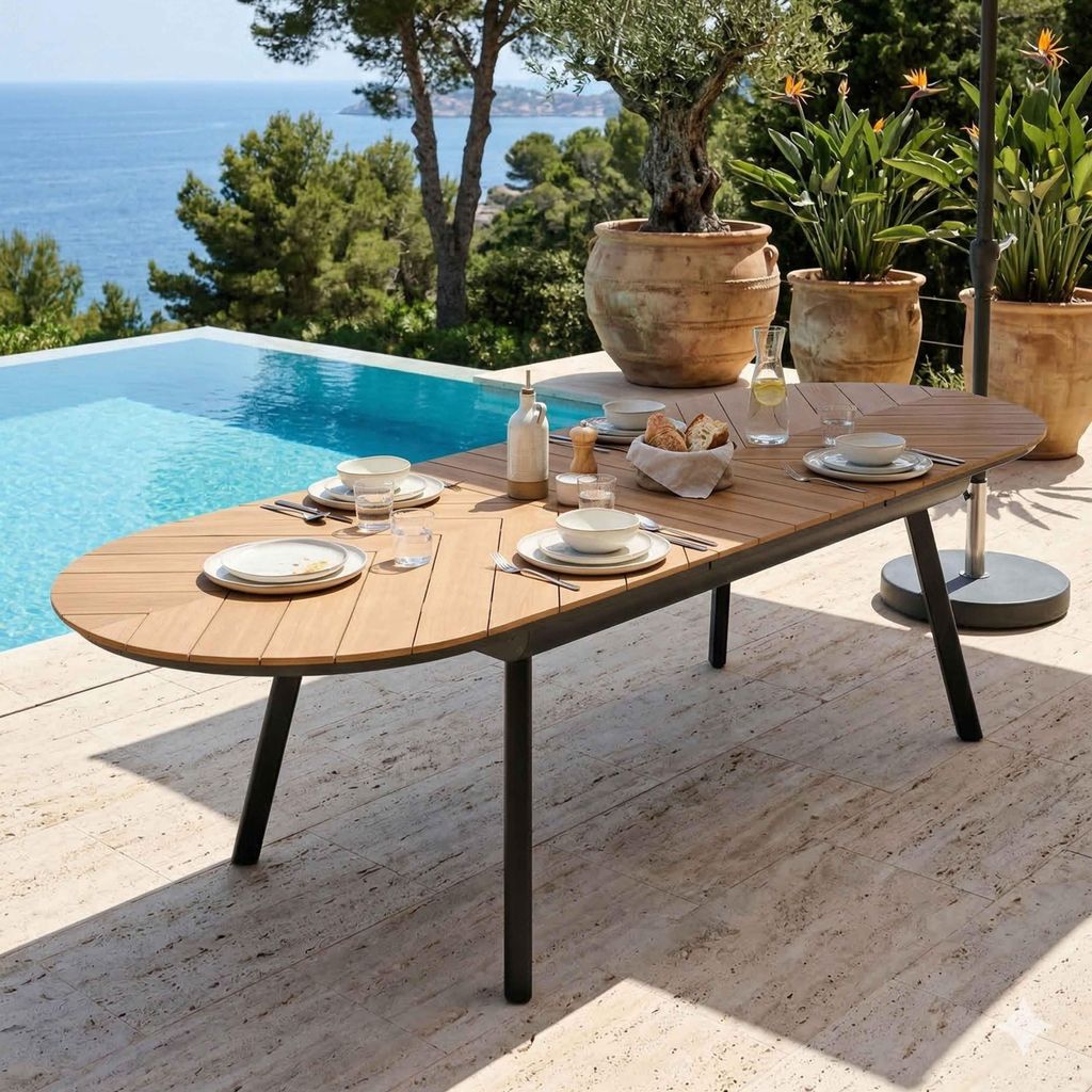 Rechteckiger ausziehbarer Gartentisch 220/280 cm Holzoptik Produktbild 