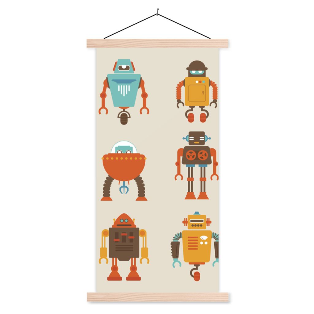MuchoWow Textilposter Illustration - Kinder - Roboter 40x80 cm mit holzfarbenen Rahmen - Wohnzimmer