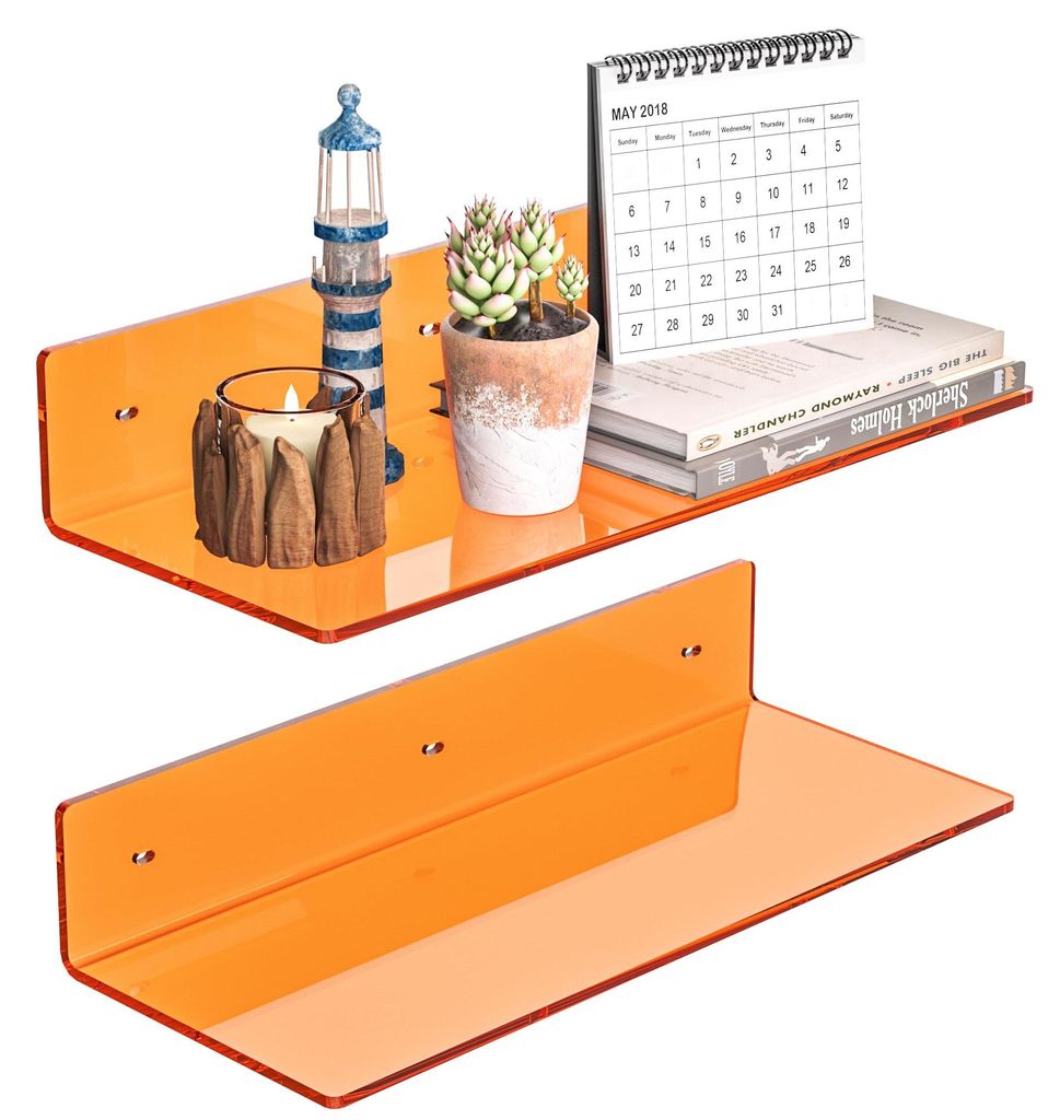 38 cm orange Acryl-Wandregale, 2er-Set, L-förmiges Wandregal, Plexiglas-Wandregale zur Wanddekoration, für Modellautos, Kerzen, Kalender, Handtü...
