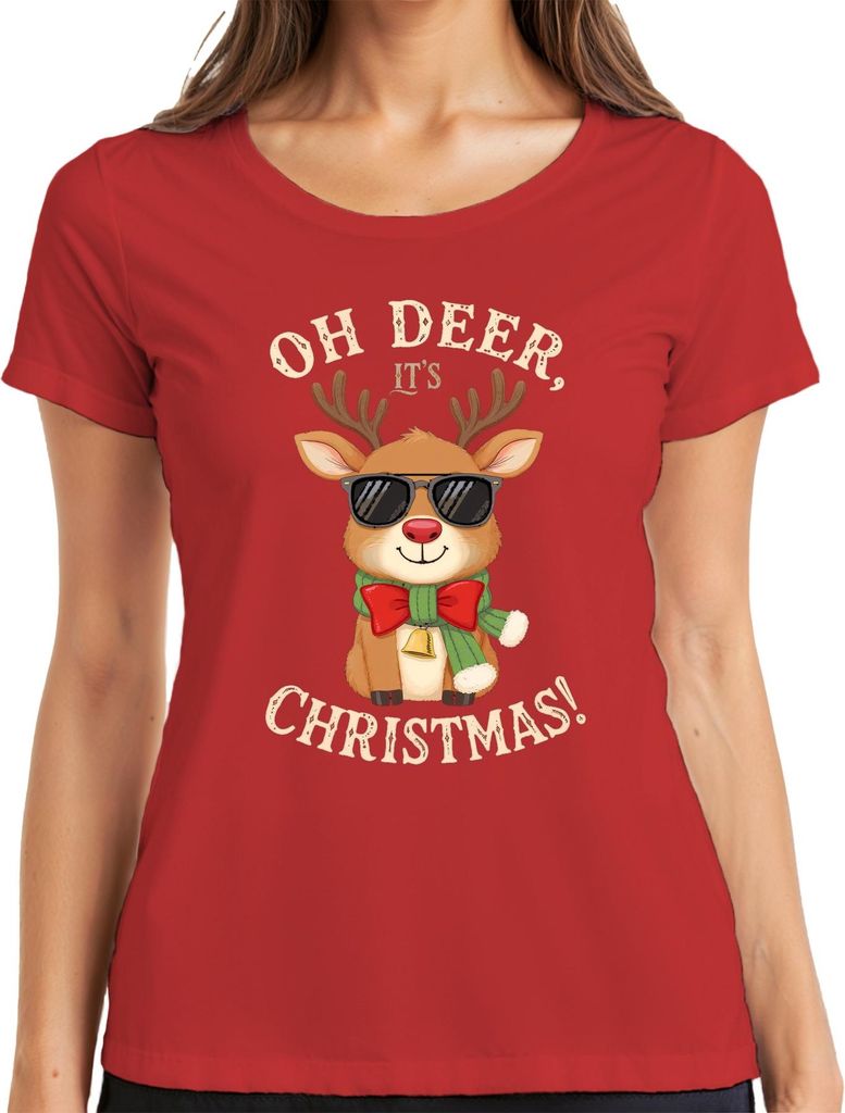 Oh Deer It's Christmas Rentier Weihnachten Sonnenbrille Geschenk Damen T-Shirt, Rot, XXL