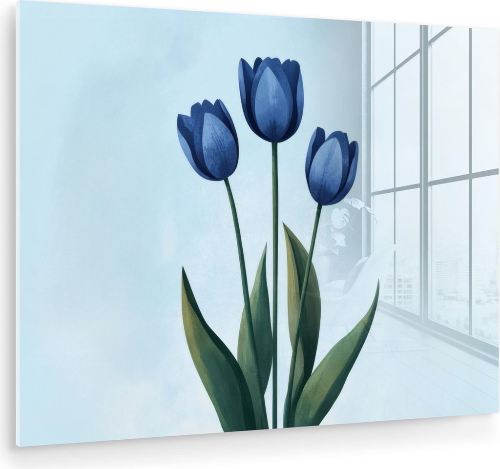 MuchoWow Glasbilder - Bilder auf Wandbild - Foto auf Glas Tulpen - Blau - Blätter 80x60 cm Wanddekoration aus Glas - Acrylglasbild - Acrylbilder -...