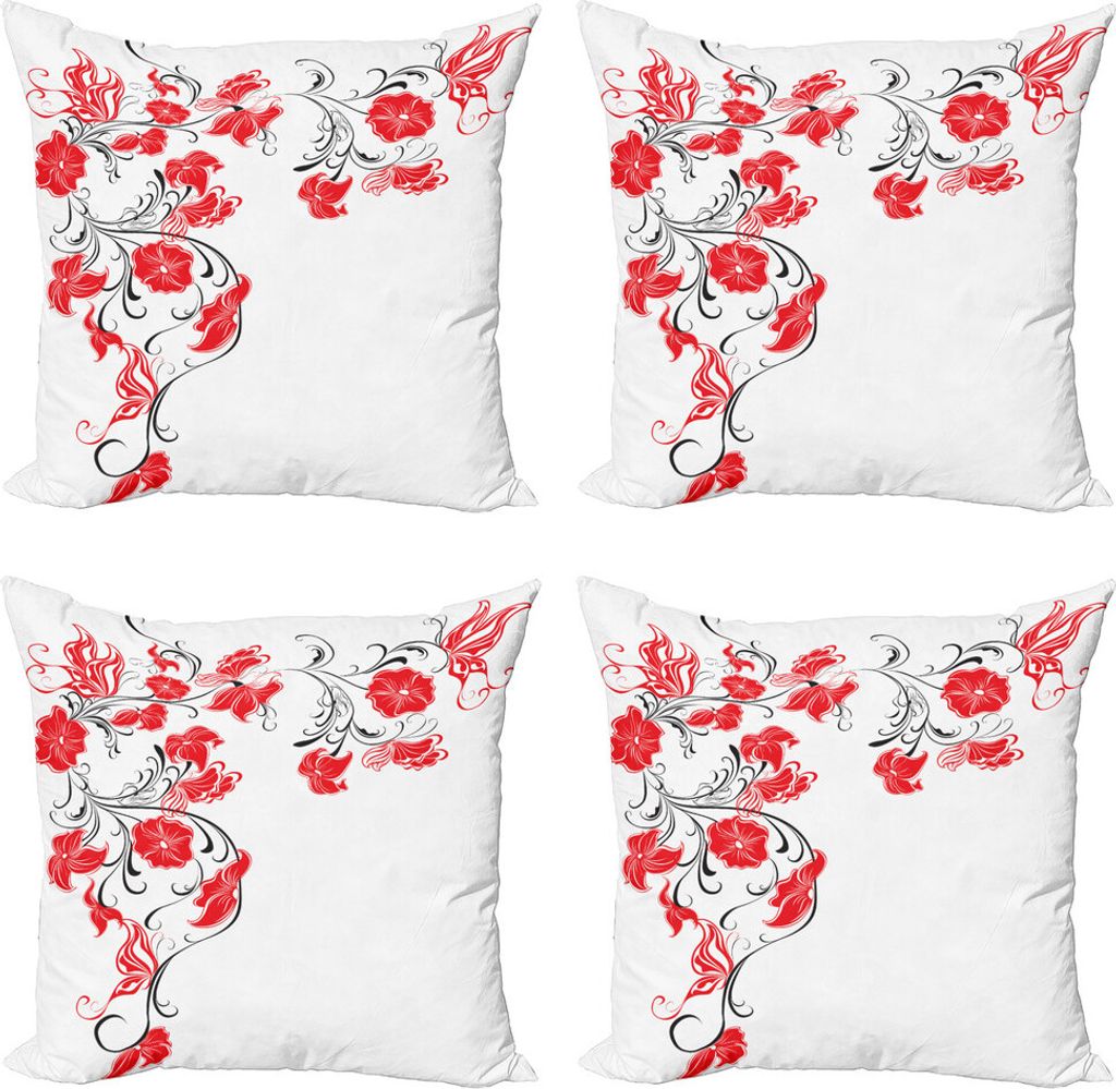 ABAKUHAUS Rot und Schwarz Kissenbezug Set (4 Stück), Japanische Blumen Ivy, Moderner Doppelseitiger Digitaldruck, 45 cm x 45 cm, Scarlet und Weiß