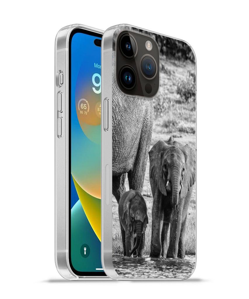 MuchoWow Handyhülle Schutzhülle Hülle für Apple iPhone 14 Pro - Softcase Elefant - Wasser - Tiere - Schwarz - Weiß Silikon Softcase Handy H...