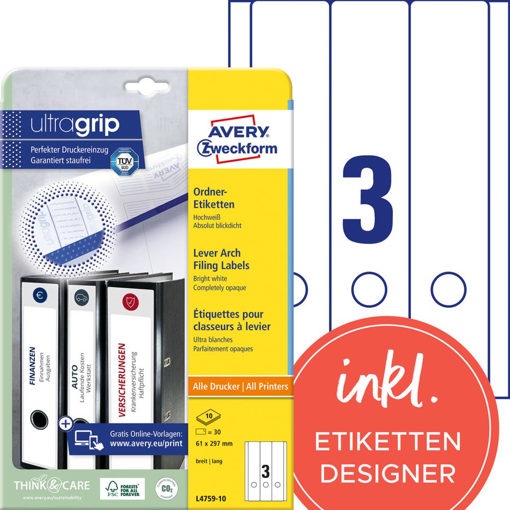 Avery Zweckform L4759-10 Étiquettes de classeur, 61 x 297 Image du produit 