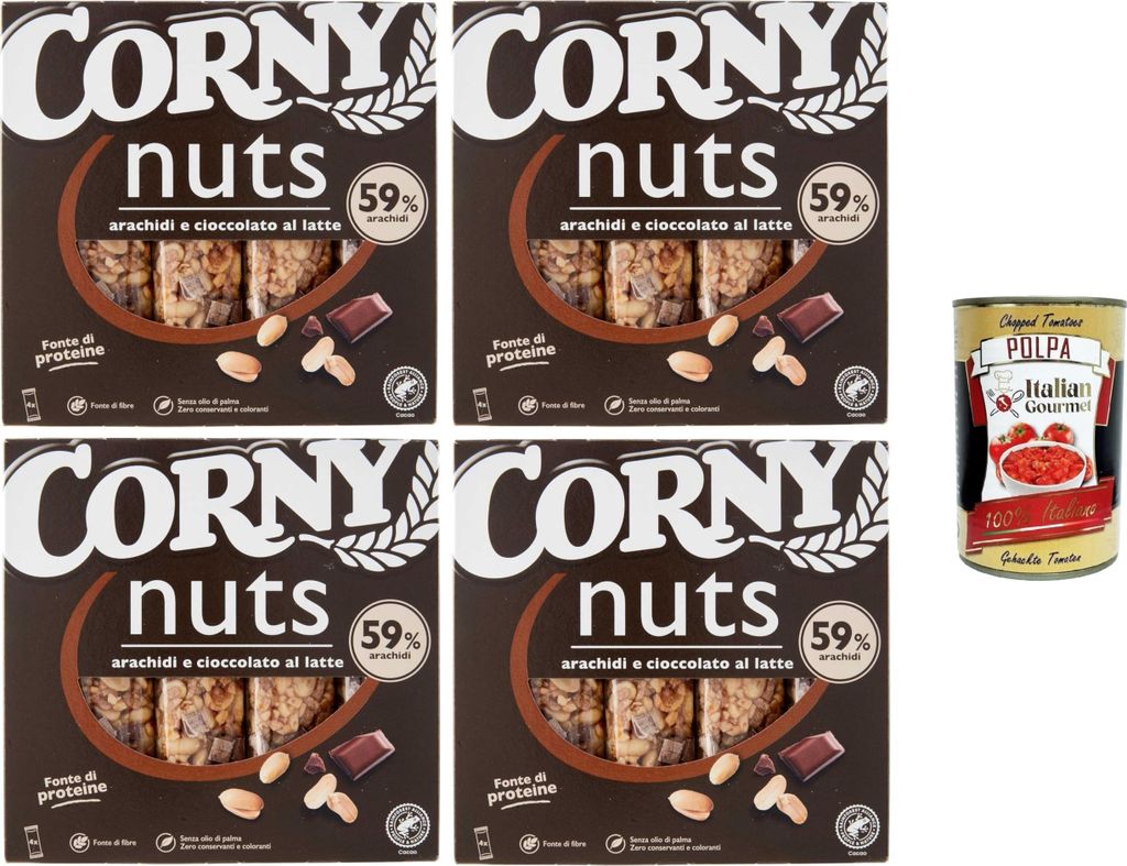 Corny Nuts Riegel mit Getreide, Erdnüssen und Milchschokolade, ohne Palmöl, Ballaststoffquelle 4x96gr + Italian Gourmet polpa 400g