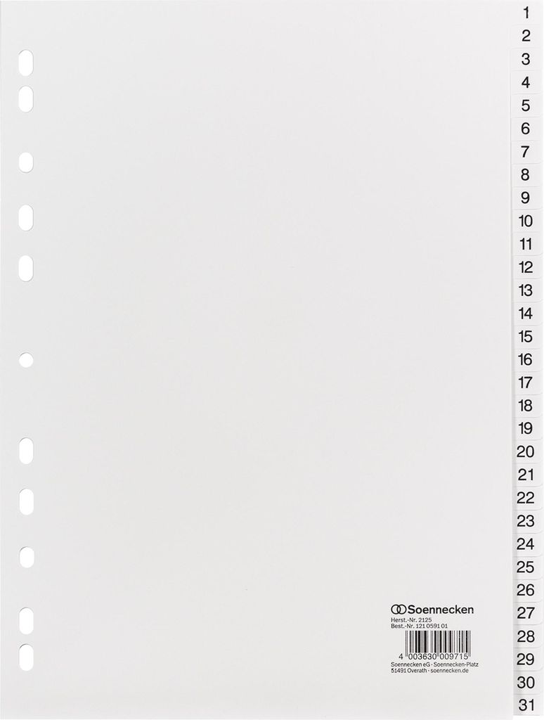 Register 2125 DIN A4 1-31 volle Höhe PP weiß Packung mit 10 Stück