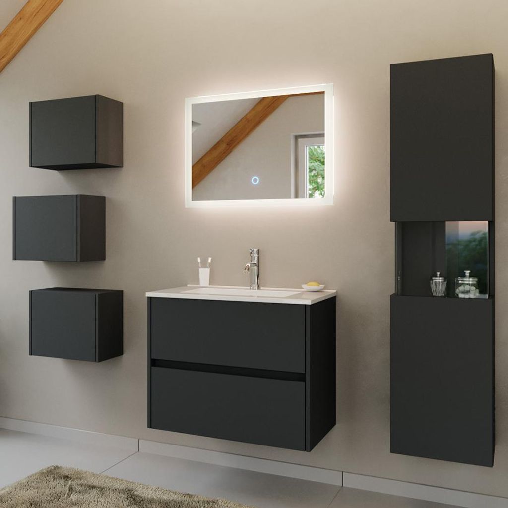 Badmöbel-Set 6-teilig mit 70 cm Waschtisch & LED-Spiegel in graphit matt - LIVIGNO-02