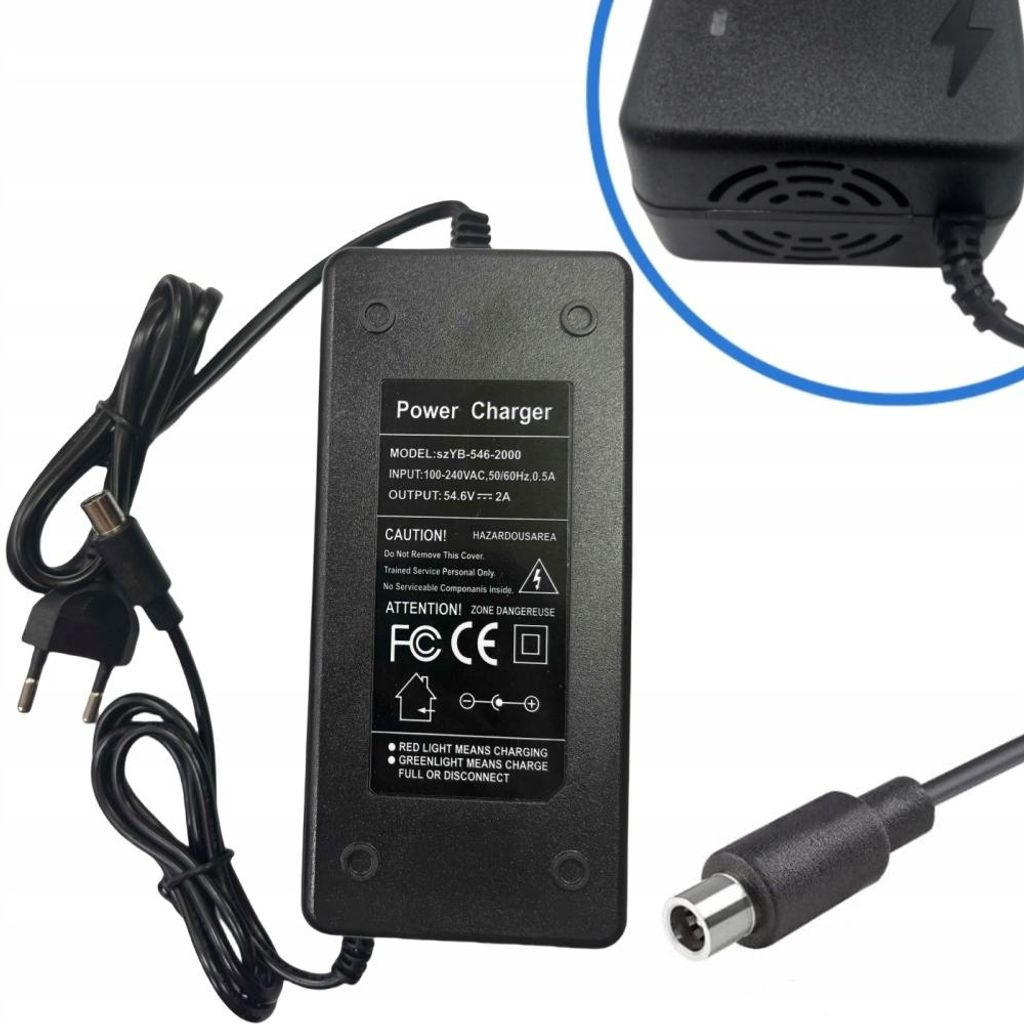 A black power charger with cables and connectors.
