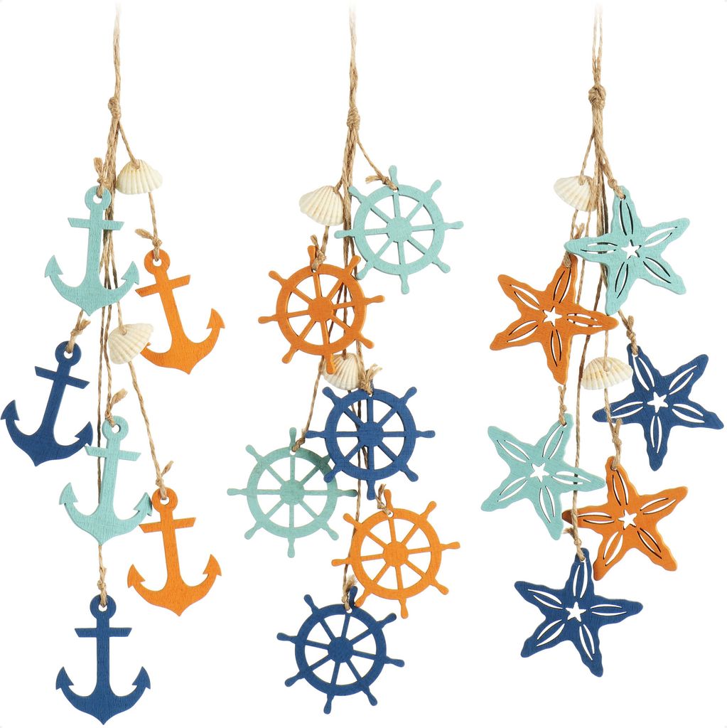 com-four 3x Hängedeko Maritim - Dekoration zum Aufhängen - Seestern, Anker und Steuerrad aus Holz mit Muscheln - Hängedeko