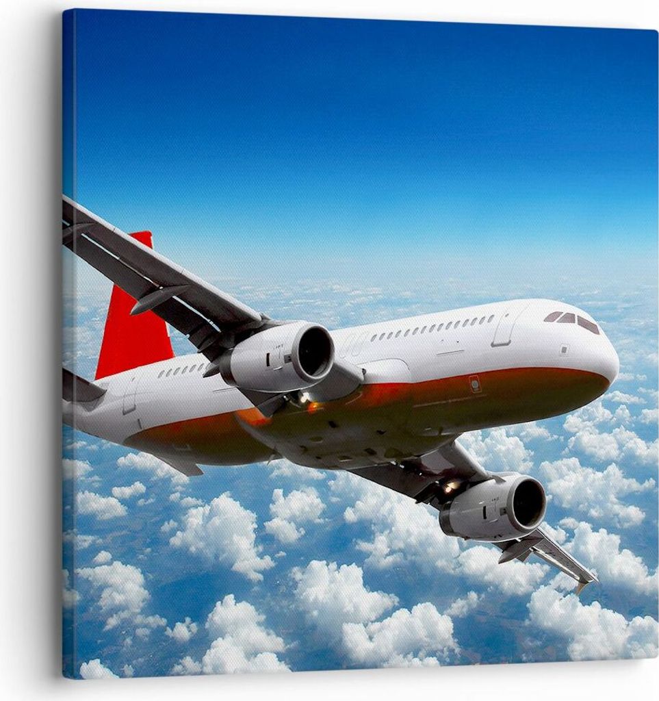 Bild auf Leinwand - Leinwandbild - Passagier Flugzeug Motoren Wolken - 30x30cm - Wand Bild - Wanddeko - Leinwanddruck - Bilder - Kunstdruck - Leinw...