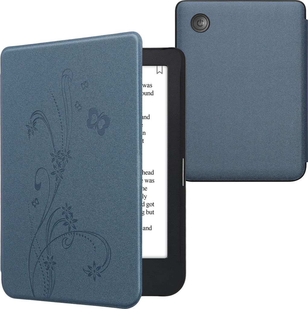kwmobile Schutzhülle für Kobo Clara 2E / Tolino Shine 4 Hülle - eReader Flip Case mit Auto Sleep Funktion - Ranken Schmetterling mit Dunkelblau