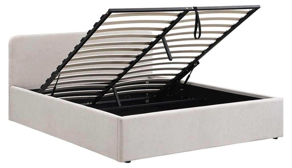 Bett mit Stauraum 140 x 190 cm mit Kopfteil aus beige-meliertem Stoff - LIOR