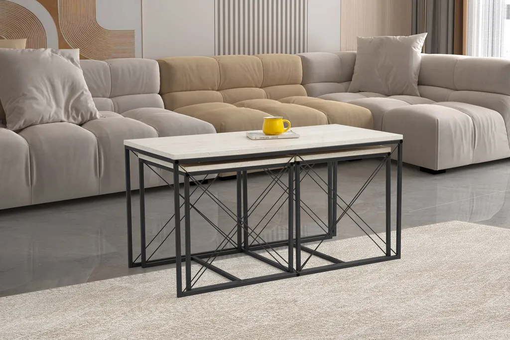 Table Basse Salon Noir Marbre Defne : Ensemble Modulable 100x52cm Design