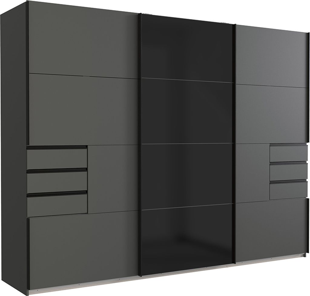 Schwebetürenschrank BRIXEN-43 mit Schubkästen in graphit mit schwarz, B/H/T ca. 270/208/65 cm