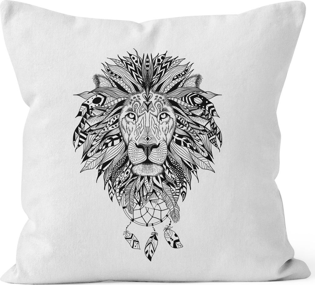 Kissenbezug Löwe Lion Ethno Atzekenmuster Boho Federn Traumfänger 40x40 Autiga weiß 40cm x 40cm