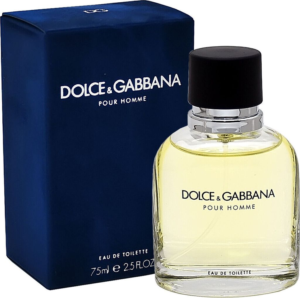 A bottle of Dolce & Gabbana Pour Homme Eau de Toilette and its blue box.