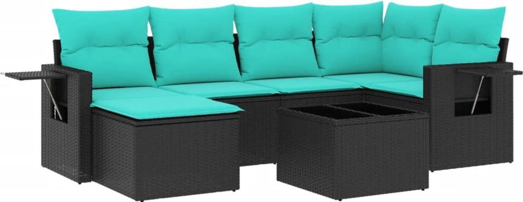 7-teiliges Gartensofa-Set mit Kissen, schwarzes Polyrattan