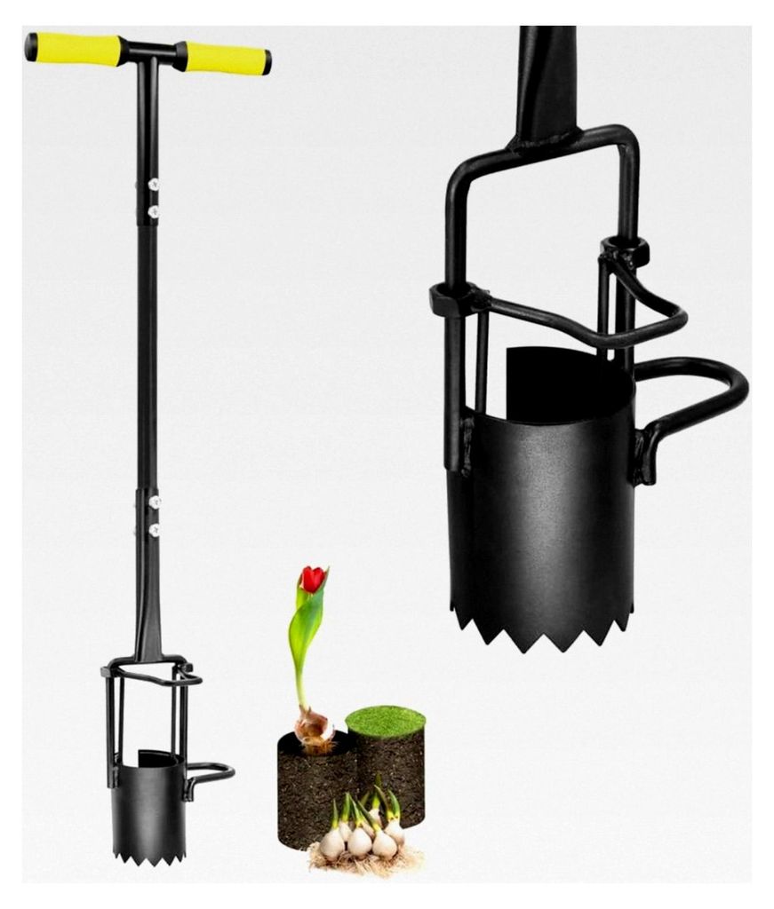 Blumenzwiebel-Pflanzwerkzeug mit langem Griff und gezacktem Boden, Blumenzwiebelpflanzer mit weichem Griff, robuster Sodenstopfer für Tulpen, Iris...