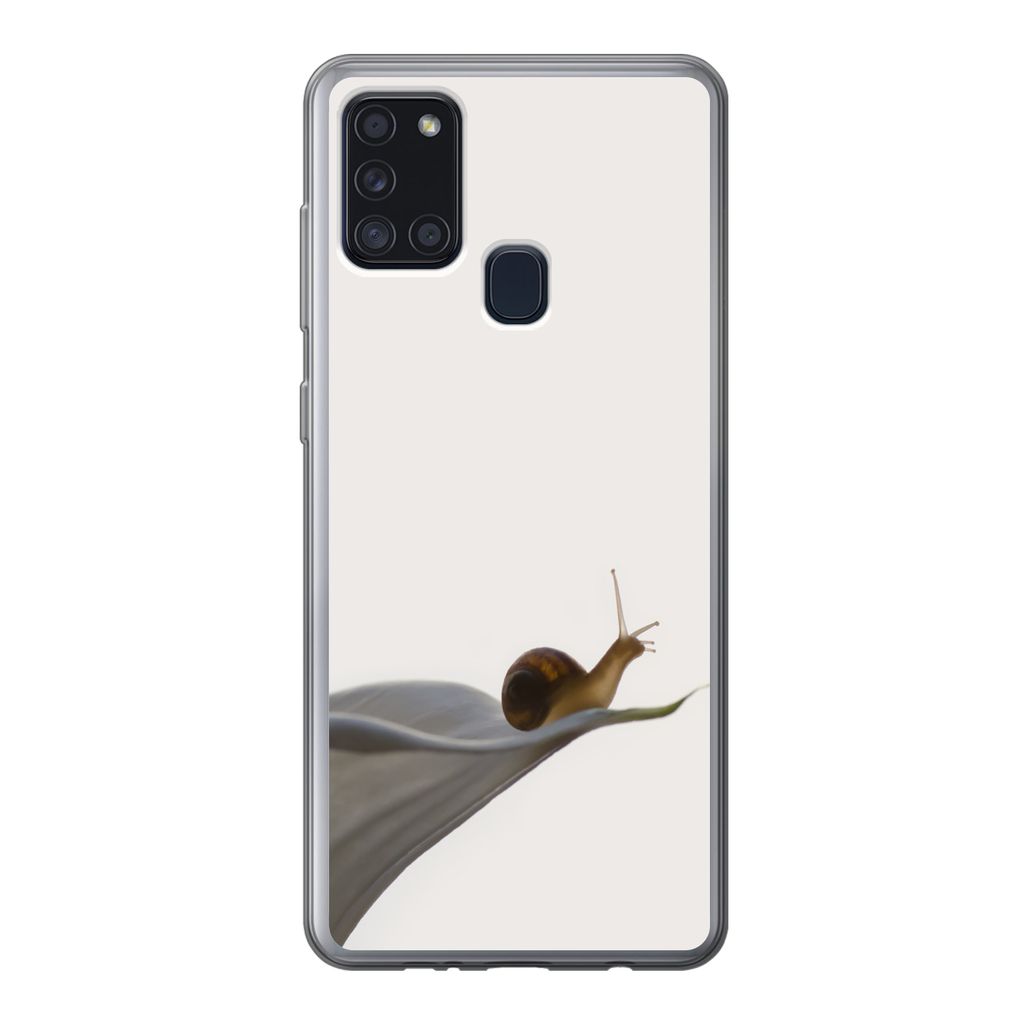 MuchoWow Handyhülle Schutzhülle Hülle für Samsung Galaxy A21s Schnecke - Lilie - Grau Silikon Softcase Handy Hülle - Hartschale