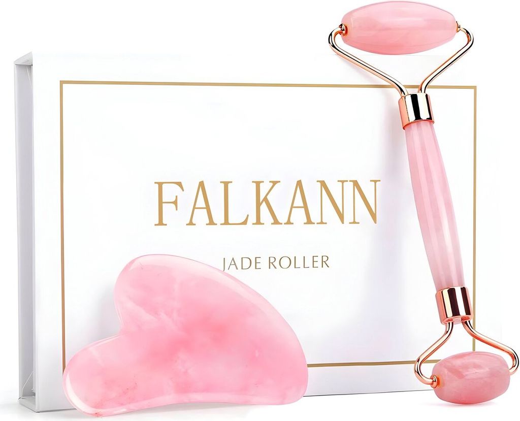 Falkann Rosenquarz Gesichtsroller & Gua Sha Set – Jade Roller – 100 % Naturstein – Anti-Aging – Faltenreduzierung – inkl. Luxus-Aufbewahr...