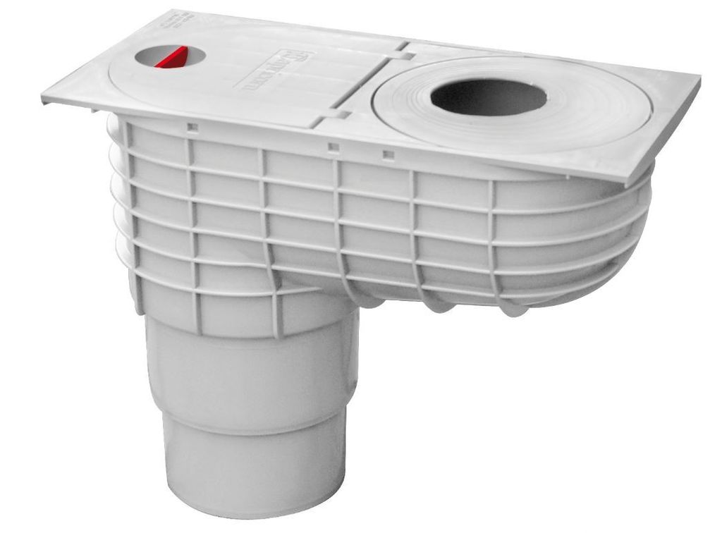 A white plastic rain drain box with a pipe outlet, shown against a white background.