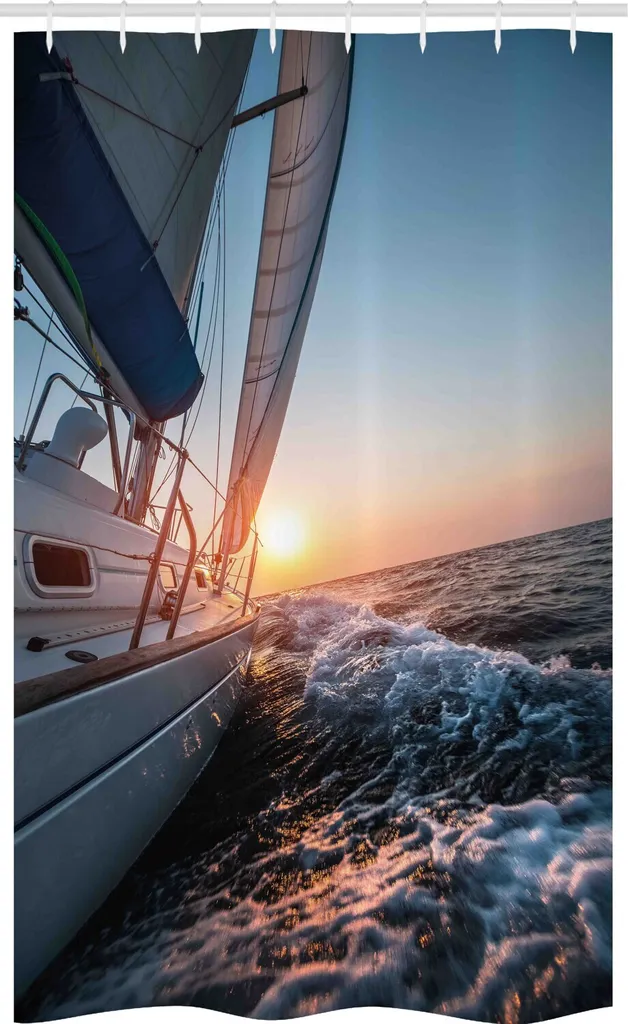 ABAKUHAUS Tenda da doccia nautica stretta, barca a vela sul mare Hobby, set decorativo per bagno in tessuto con ganci, 120 x 180 cm, azzurro pallido giallo