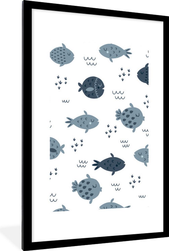 MuchoWow MuchoWow Gerahmtes Poster Fisch - Muster - Kinder - Jungen - Mädchen - Baby 60x90 cm - Poster mit zchwarzem Bilderrahmen - Dekoration...