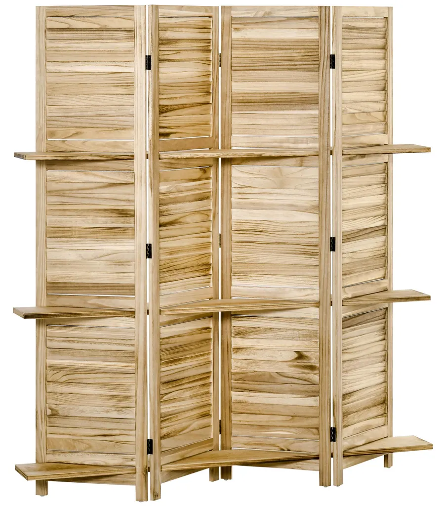 Paravent en bois massif aspect pin avec étagères et portes persiennes