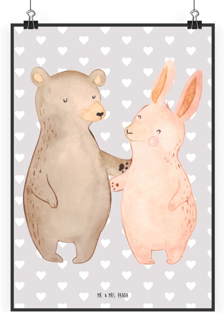 Mr. & Mrs. Panda Bild Bär und Hase Umarmen DIN A1 - Grau Pastell - Geschenk, Wanddekoration, Freunde, Best Friends, Bester Freund, für Immer, Fre...