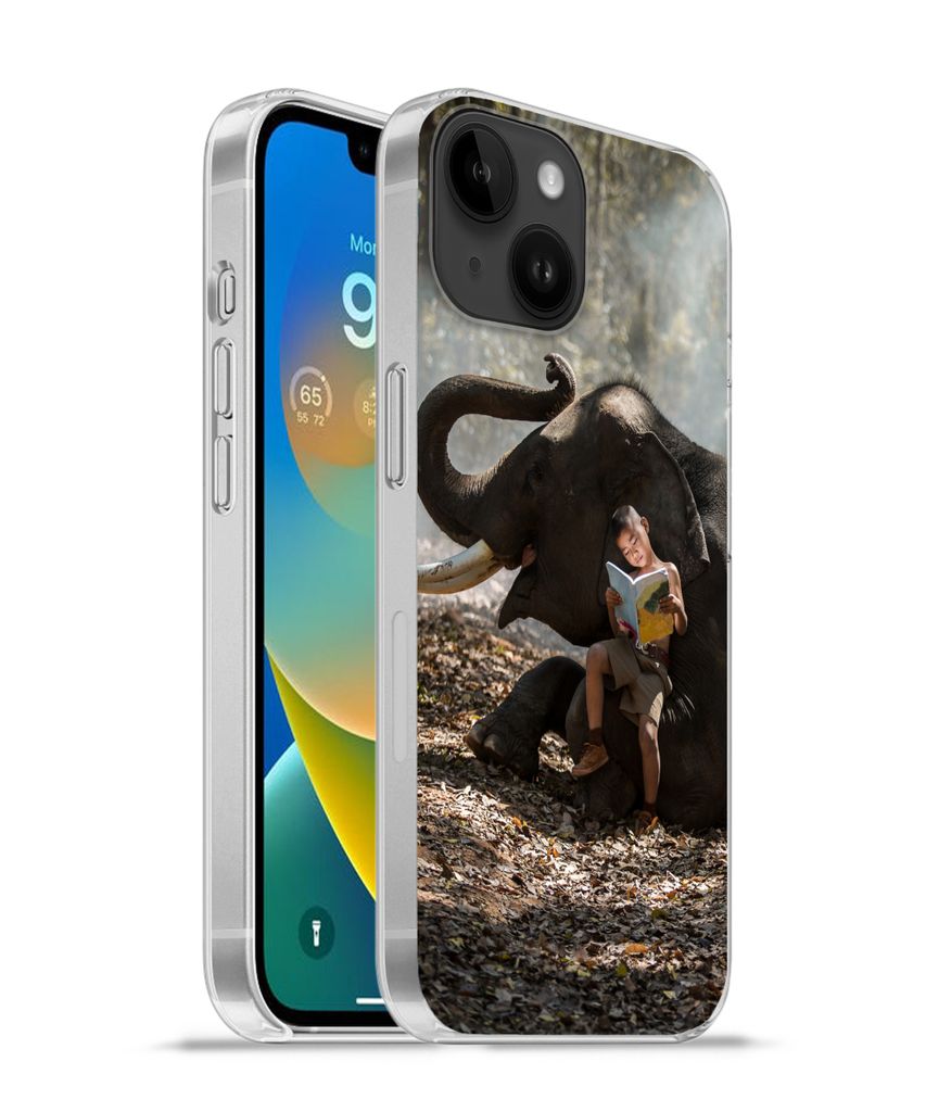 MuchoWow Handyhülle Schutzhülle Hülle für Apple iPhone 14 - Softcase Elefant - Junge - Buch - Wald - Tiere - Natur Silikon Softcase Handy Hü...