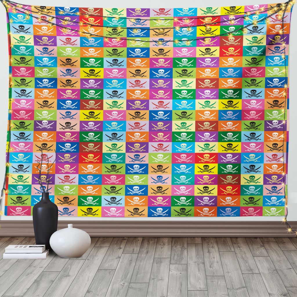 ABAKUHAUS Bunt Wandteppich, Piraten-Flaggen Deisgn, Wohnzimmer Schlafzimmer Wandtuch Seidiges Satin Wandteppich, 150 x 100 cm, Mehrfarbig