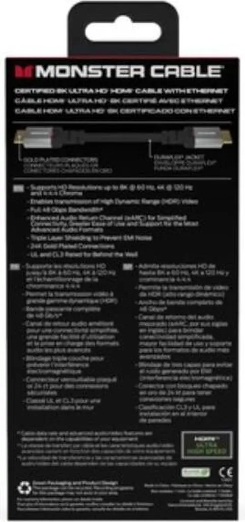 Câble HDMI Anti-Interférence Monster 8K, Évite les Écrans Noirs