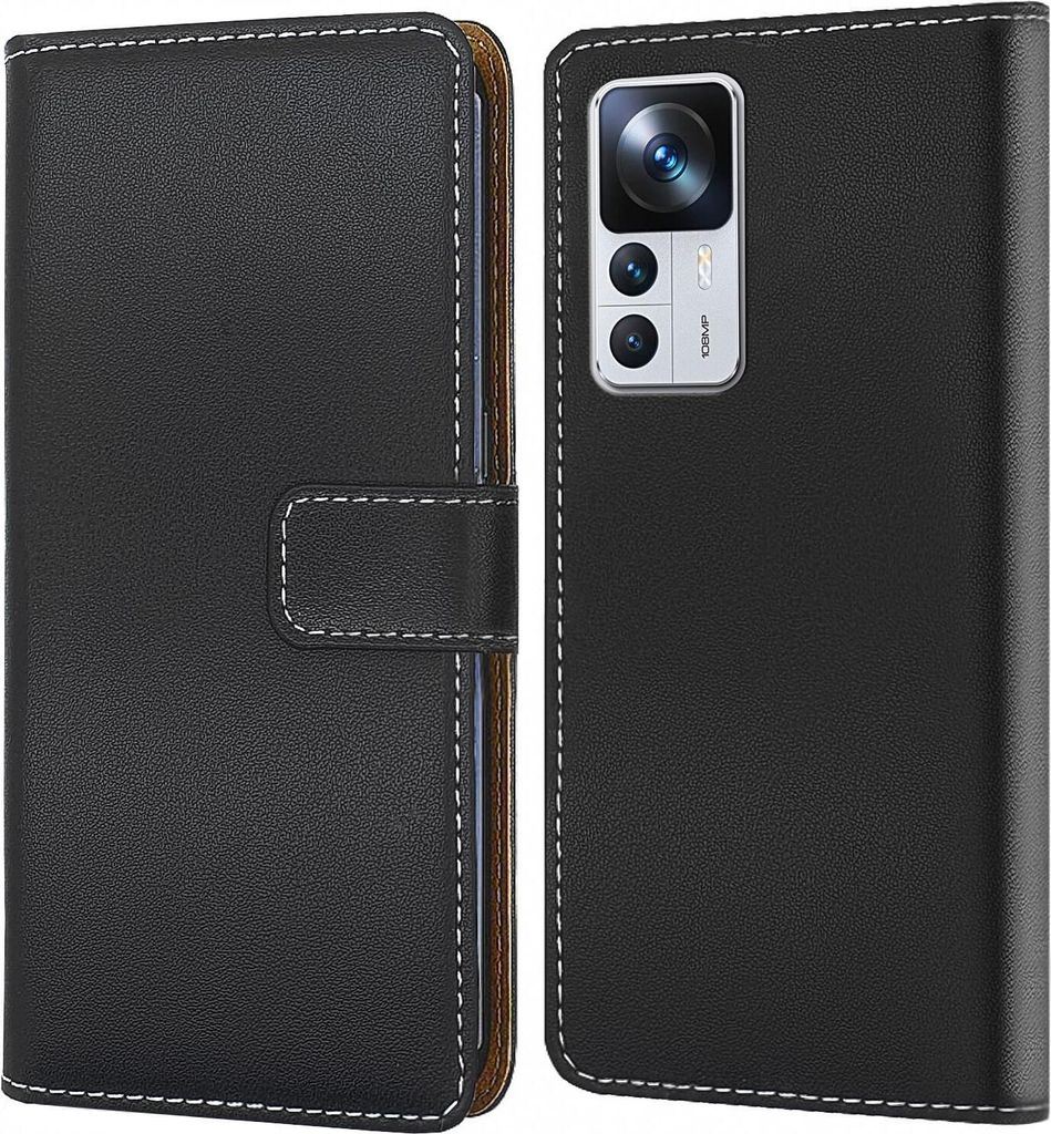 A black flip-style phone case is shown, open to reveal the inside and closed to show the exterior.
