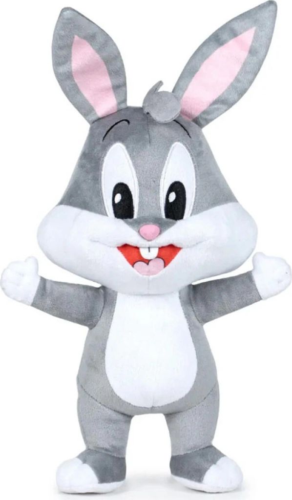 A plush toy of Bugs Bunny standing and facing forward against a white background.