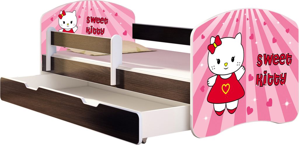 ACMA Jugendbett Kinderbett Junior-Bett Komplett-Set mit Matratze Lattenrost und Rausfallschutz Wenge 15 Sweet Kitty 160x80 + Bettkasten