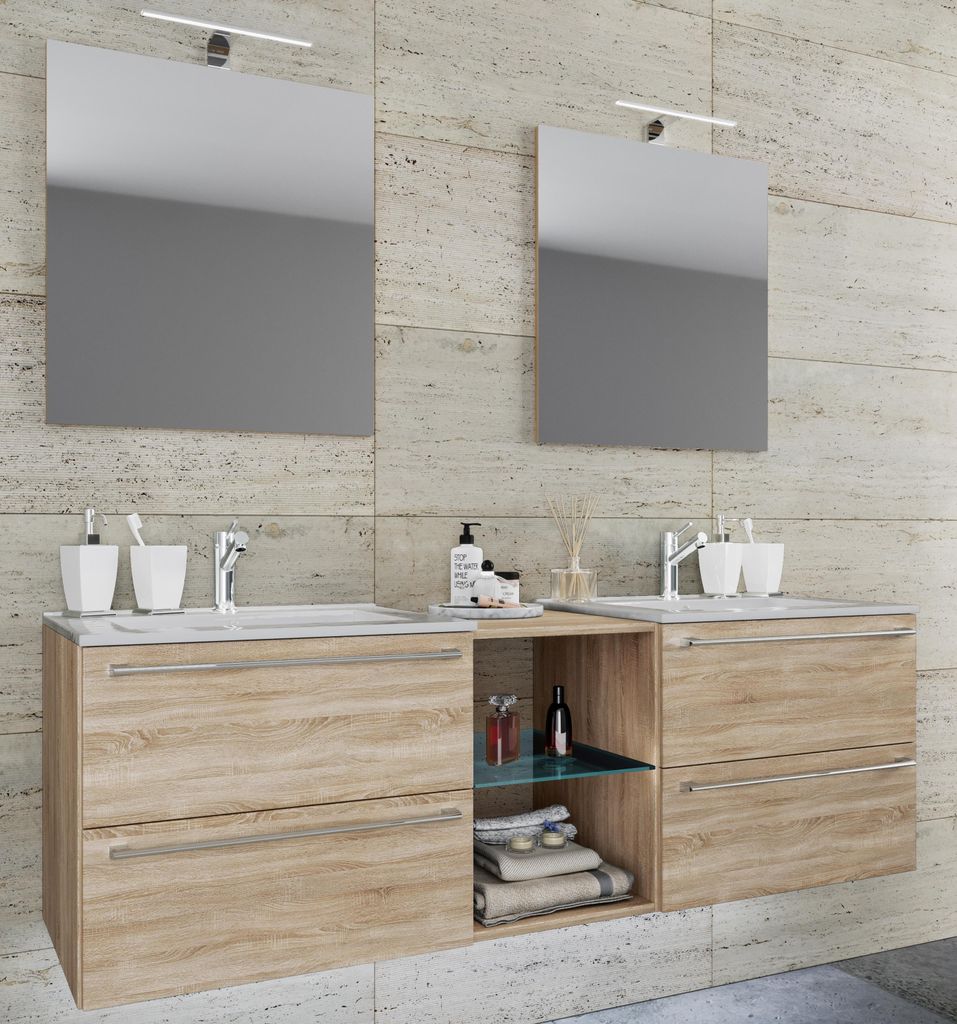 VCM 3-tlg. Set | 2 Waschtisch, 2 Spiegel, 2 Waschbecken, 1 Mittelfach | Keramik Waschbecken | Unterschrank 195 cm | Badmöbel Set Doppel Waschplatz...