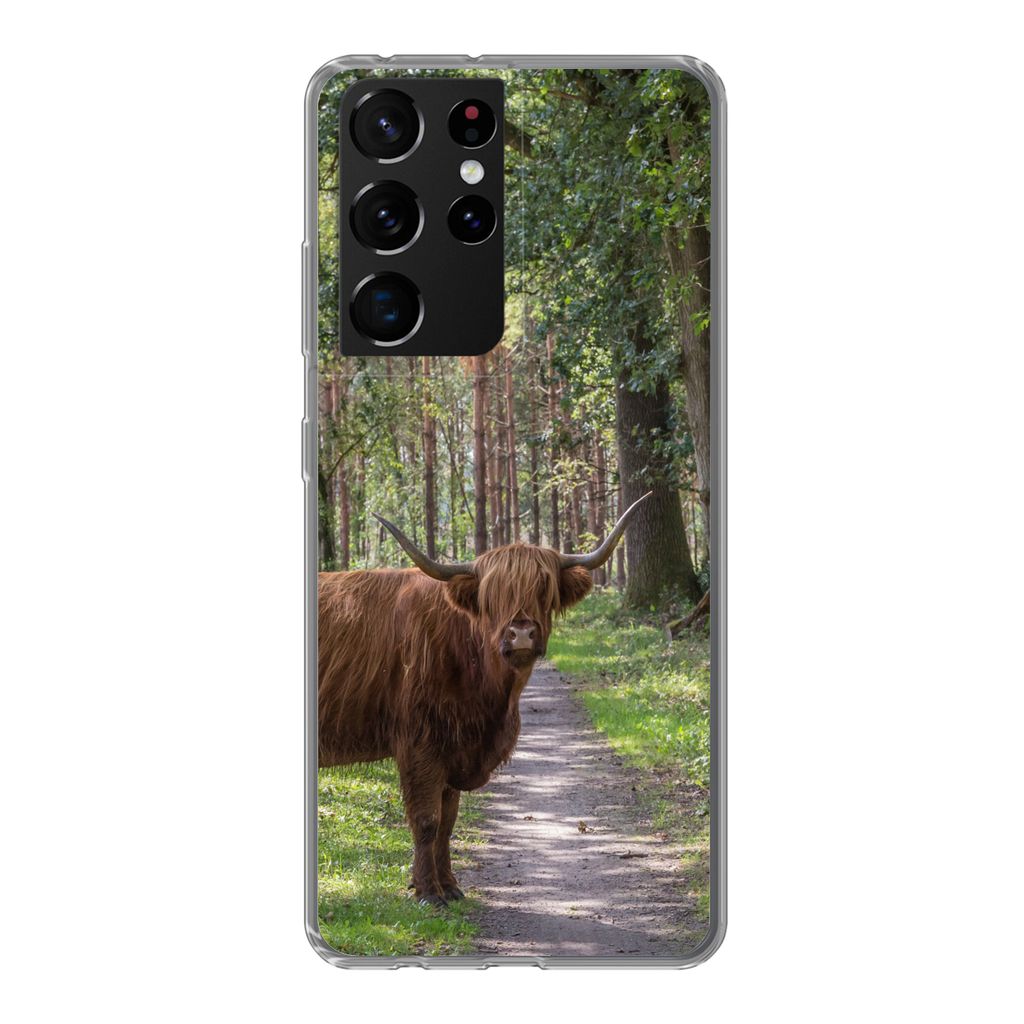 MuchoWow Handyhülle Schutzhülle Hülle für Samsung Galaxy S21 Ultra Schottischer Highlander - Kröte - Baum Silikon Softcase Handy Hülle - Mo...
