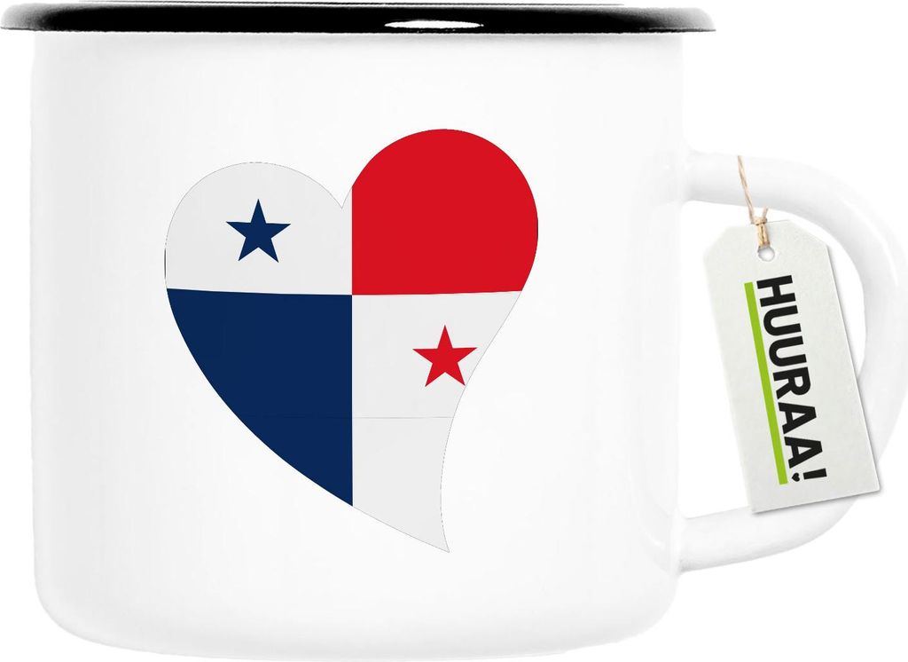 Huuraa Emaille Tasse Panama Flagge Herz 300ml Vintage Campingbecher Geschenkidee