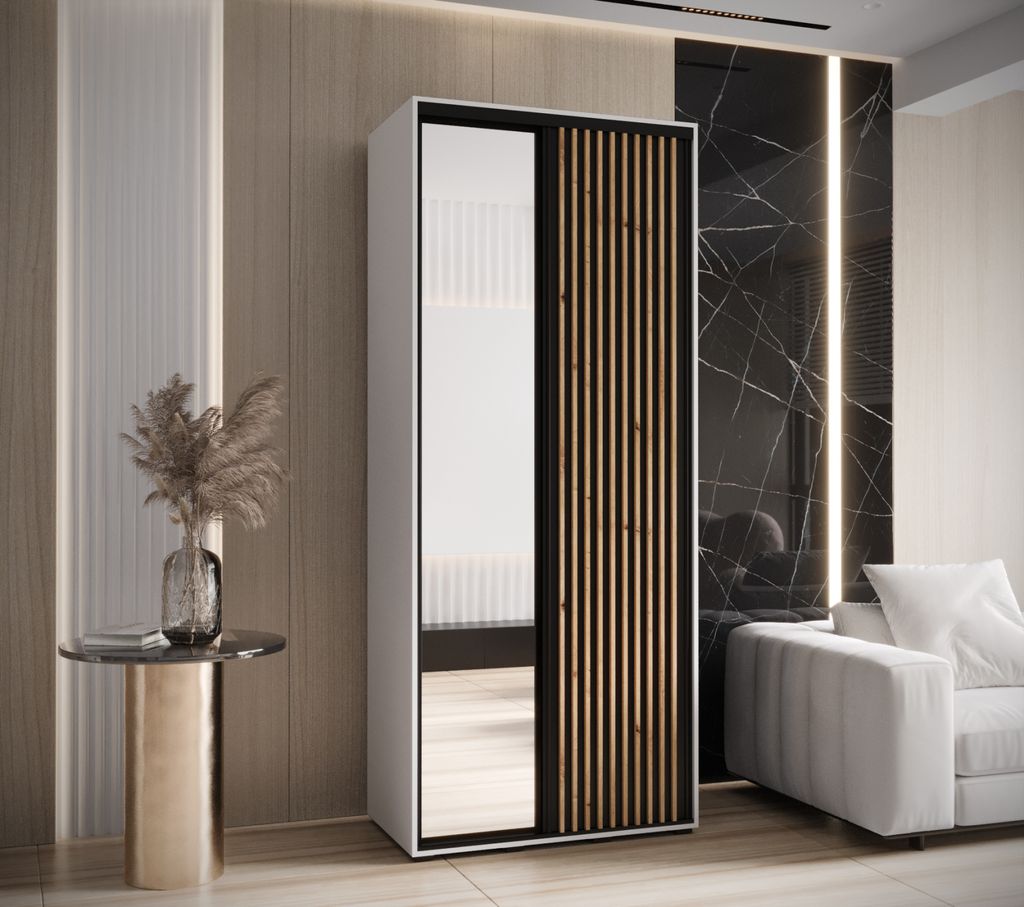 Kleiderschrank FIDELIA 2 – 120/45 cm, weiß/schwarz/Eiche handwerklich
