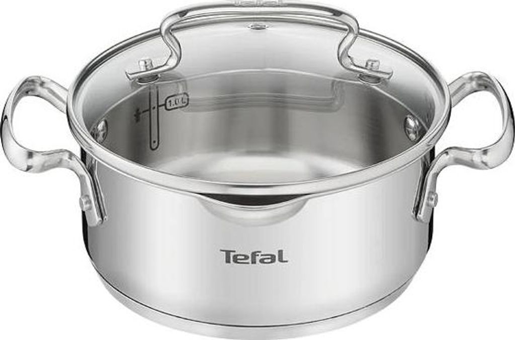 A stainless steel pot with a glass lid and two handles, shown from a front-side angle against a white background.