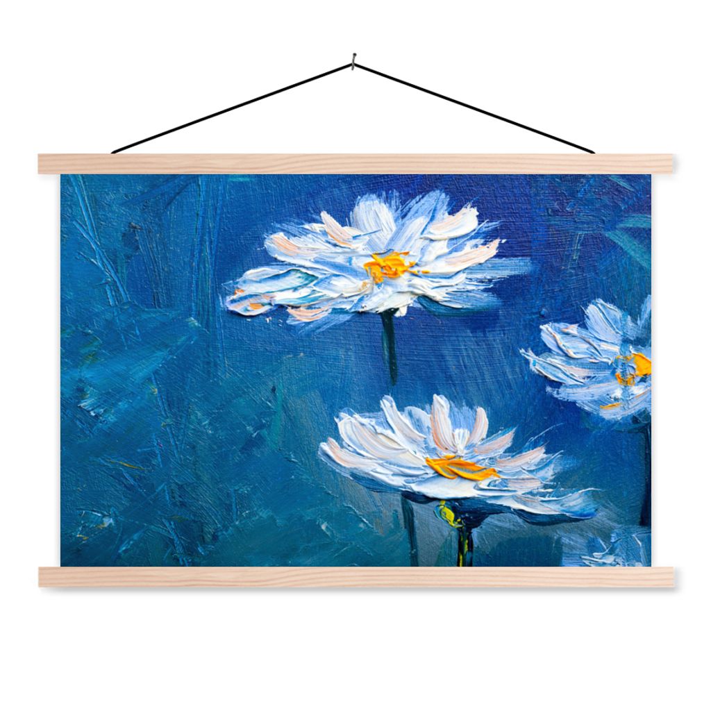 MuchoWow Textilposter Gemälde - Ölfarbe - Blumen - Blau 60x40 cm mit holzfarbenen Rahmen - Bilder