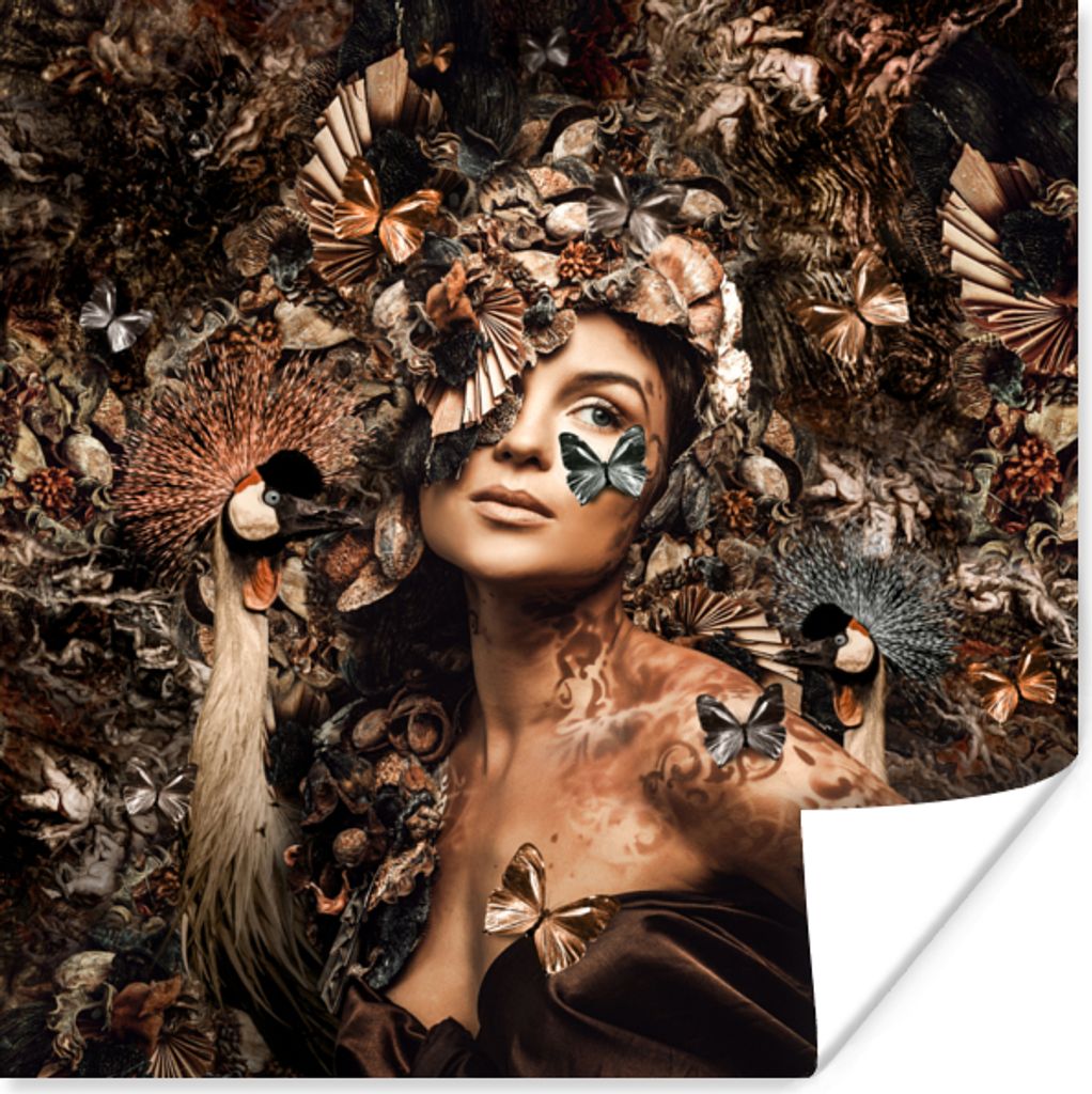 MuchoWow Poster Luxus - Frau - Tiere - Schmetterlinge - Vögel 50x50 cm - Wohnzimmerdekoration