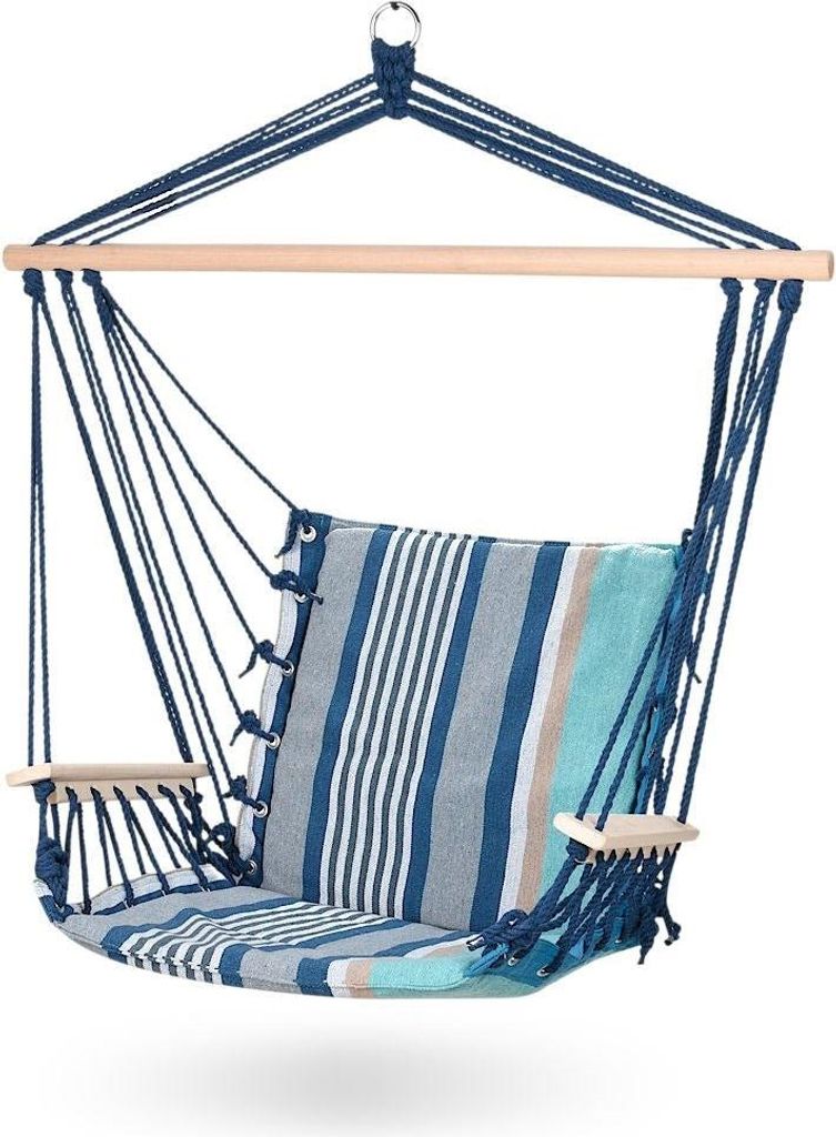 A hanging chair with a striped cushion, suspended from a wooden bar.