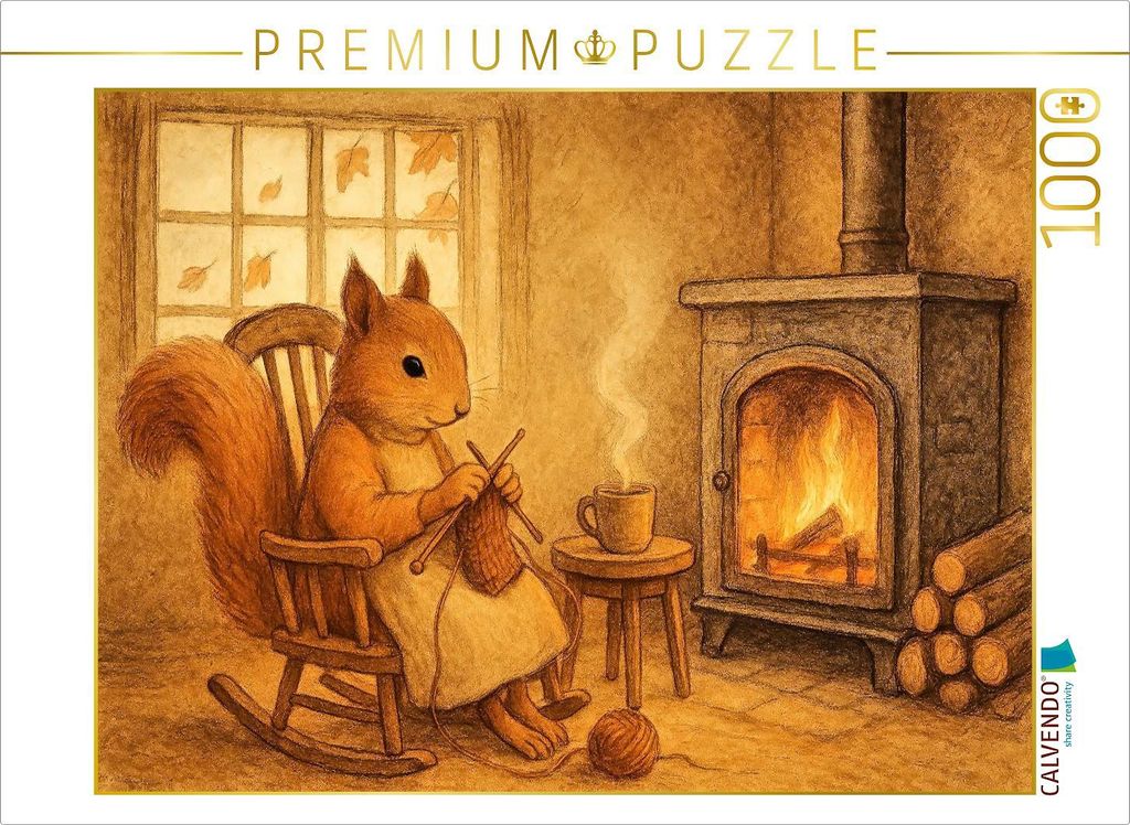 CALVENDO Puzzle Kaminträume – Das strickende Eichhörnchen | 1000 Teile Lege-Größe 64x48cm Foto-Puzzle für glückliche Stunden