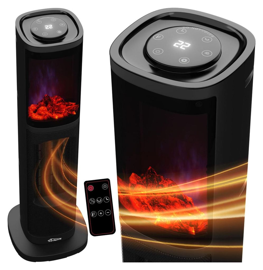 TroniTechnik Turmheizer mit Keramikelement, Heizgerät mit simulierten Flammeneffekt, 2000 W, TT-KH 063 schwarz