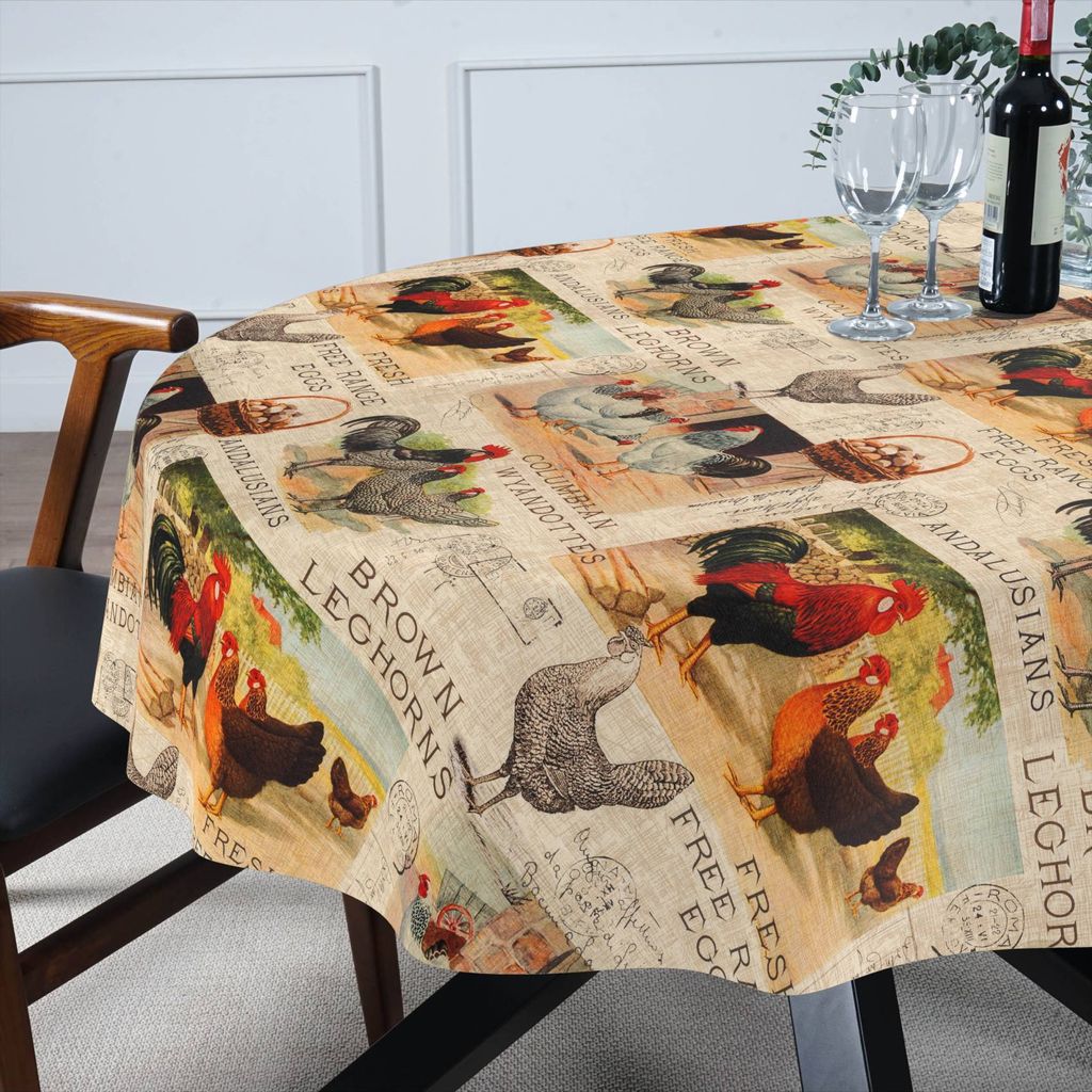Tischdecke Bauernhof aus Stoff mit Digitalprint Tischtuch EasyClean ACRYL Beschichtet Tischwäsche Digitaldruck Beige Oval 140x180cm mit Schnittkante