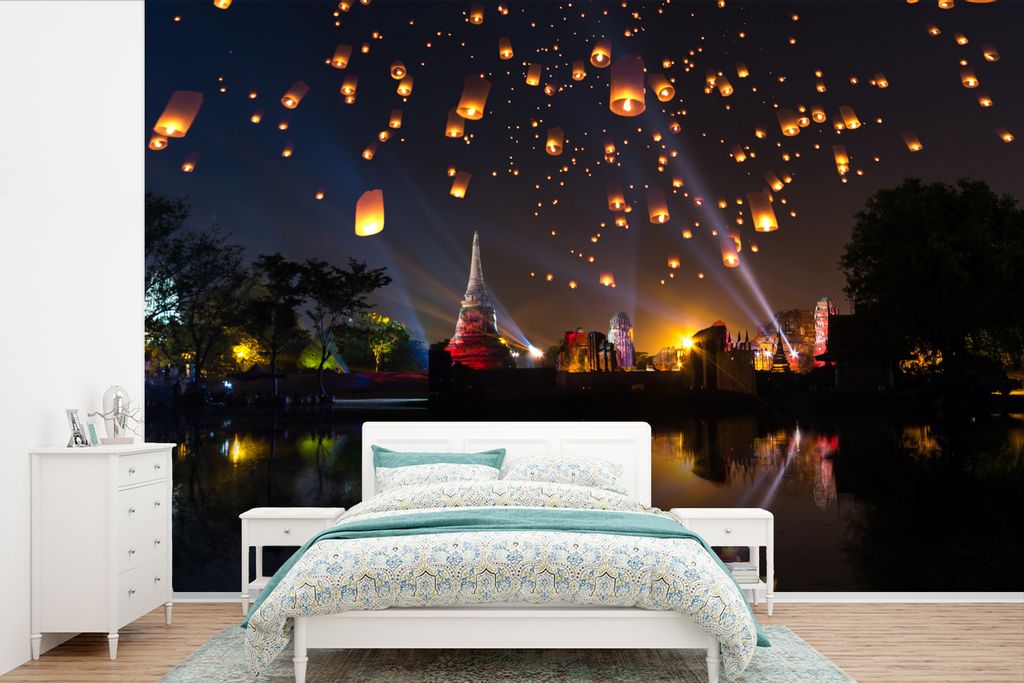 MuchoWow Fototapete für Wohnzimmer oder Schlafzimmer Wandtapete Vinyl Motivtapete Tempelfestspiele in Asien - 360x240 cm - Vinyl-Tapete
